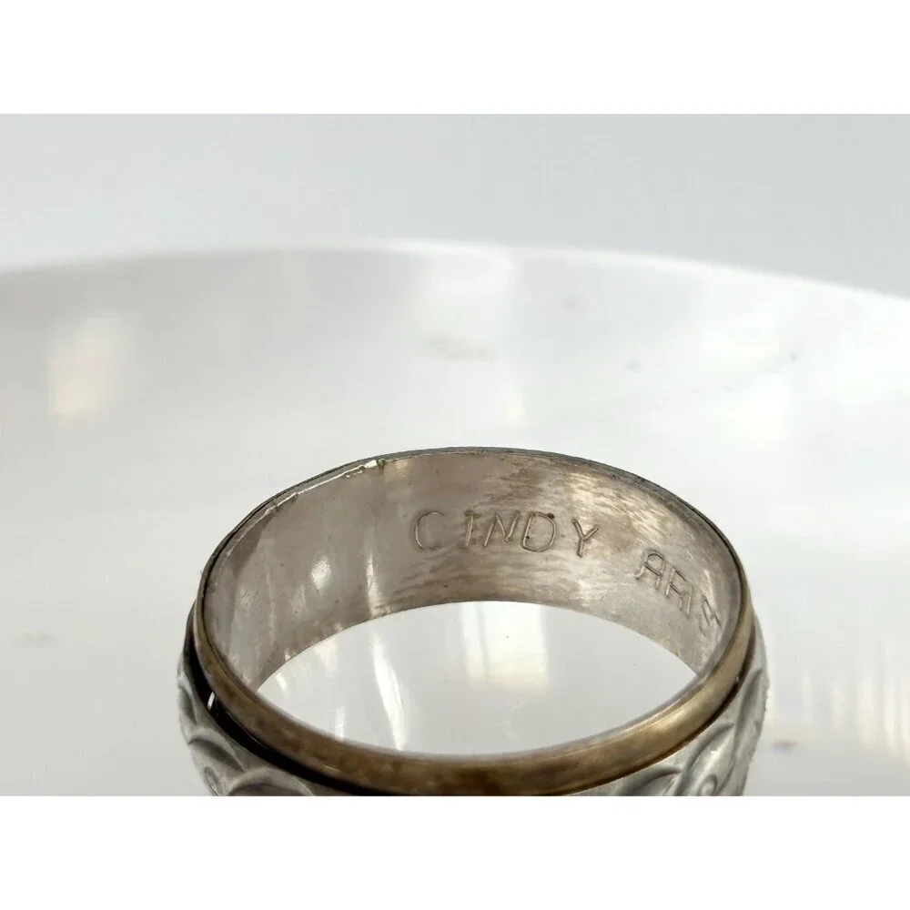 Dual Toned Hand Carved Spinner 925 Sterling Silver Vintage Ring - sz 10.5